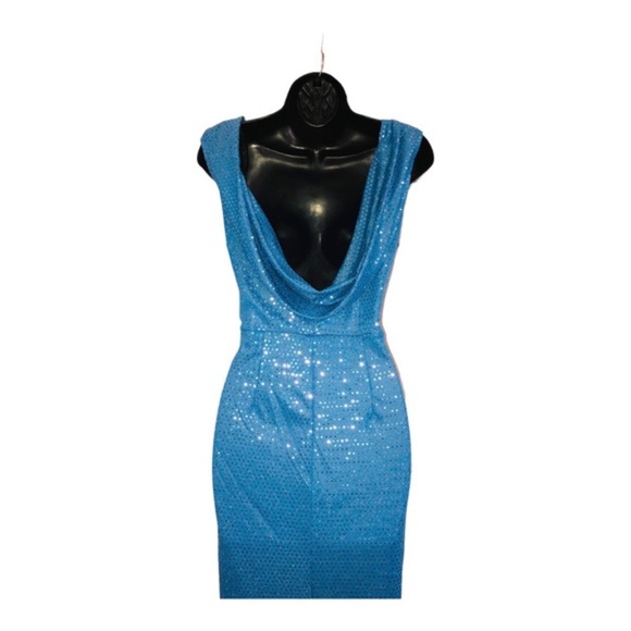 Blue sequin drape cowl back batwing style‎ maxi gown dress size 8 brand new - Picture 14 of 16